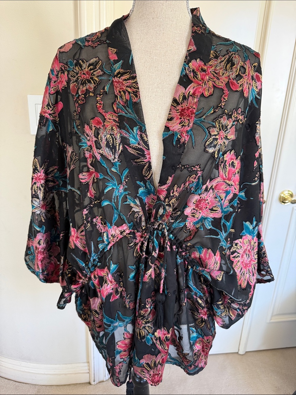 Free People Black Sheer Floral Kimono with Pink & Teal Embroidery